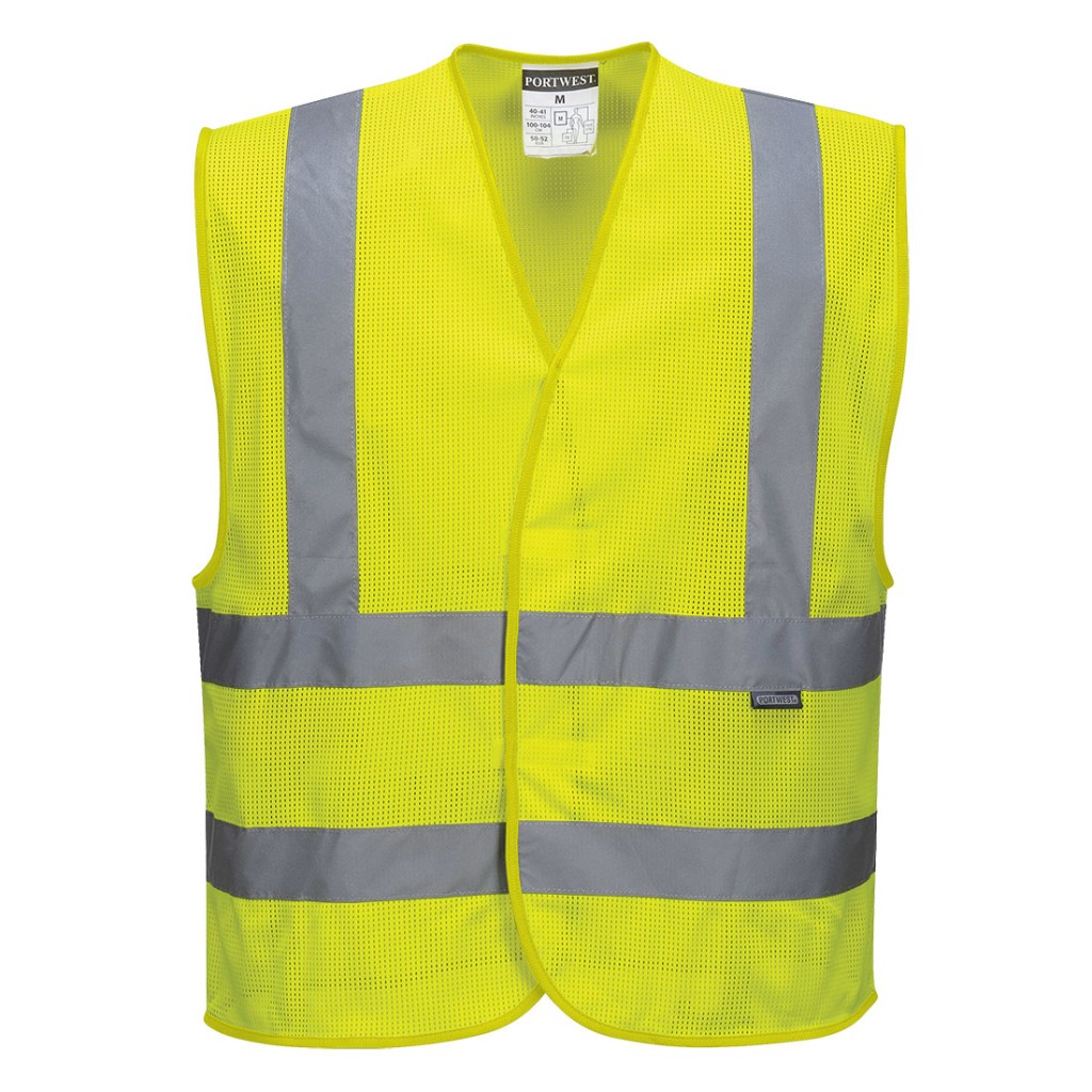 A high-visibility yellow vest featuring retroreflective tape panels, suitable for a wide range of outdoor and site work applications.