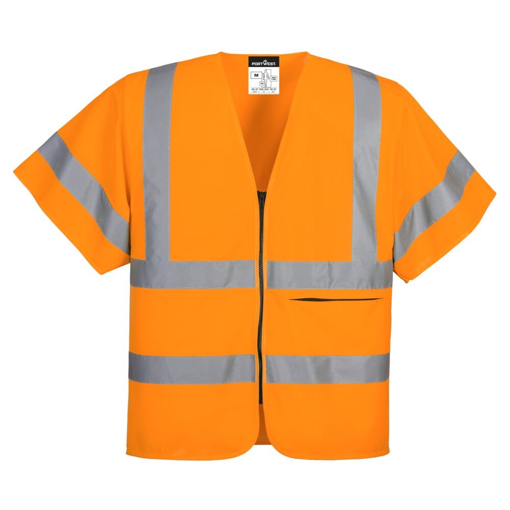 A high-visibility orange vest featuring retroreflective tape panels, a full-length zip front, suitable for a wide range of outdoor and site work applications.