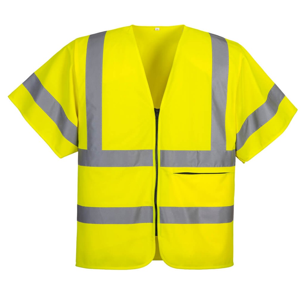 A high-visibility yellow vest featuring retroreflective tape panels, a full-length zip front, suitable for a wide range of outdoor and site work applications.