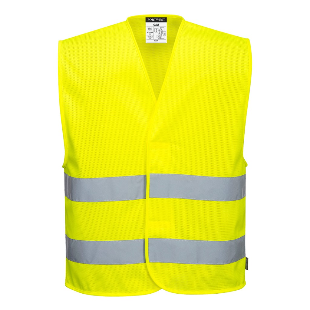 A high-visibility yellow vest featuring retroreflective tape panels, suitable for a wide range of outdoor and site work applications.