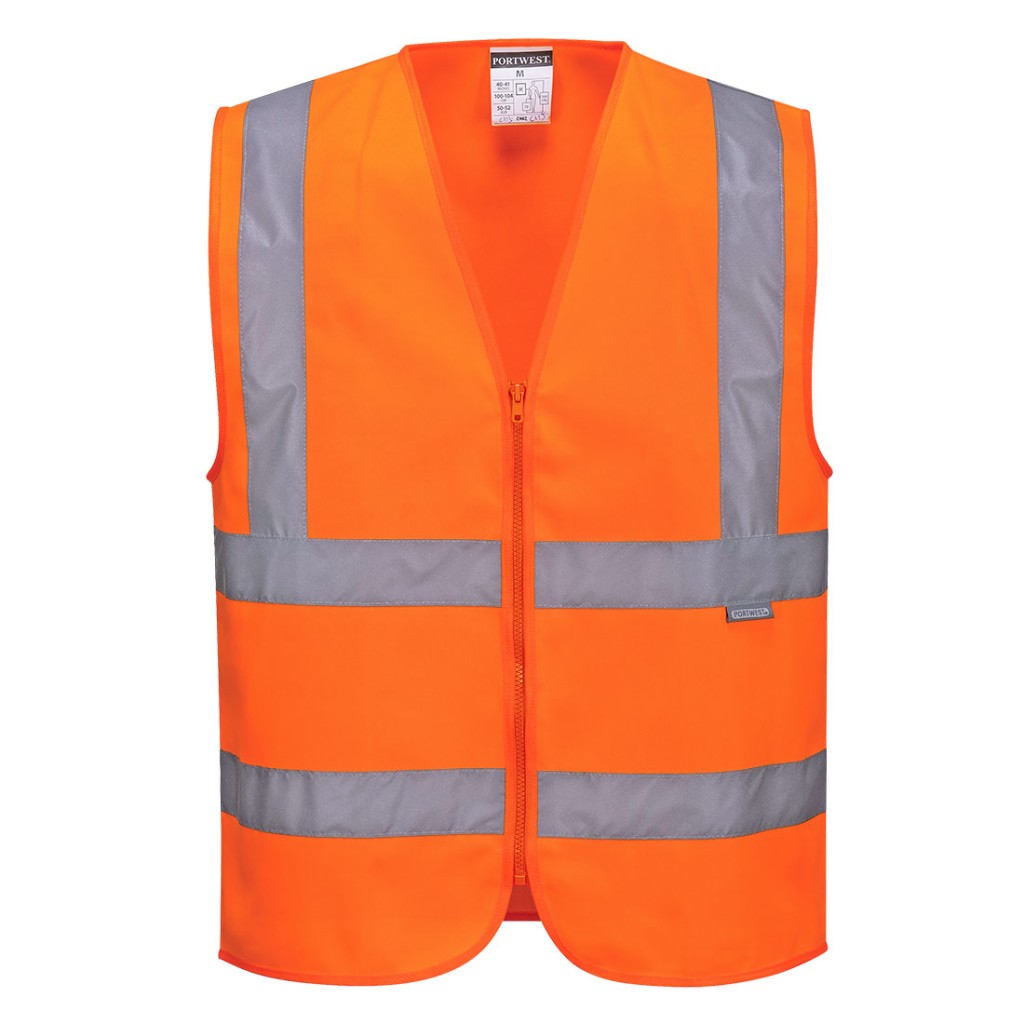 A high-visibility orange vest featuring retroreflective tape panels, suitable for a wide range of outdoor and site work applications.