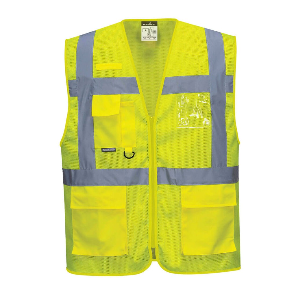 A high-visibility yellow vest featuring retroreflective tape panels, suitable for a wide range of outdoor and site work applications.