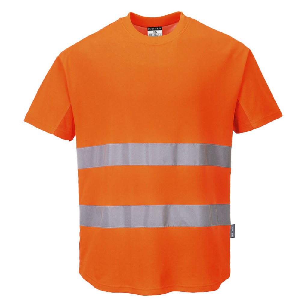 A high-visibility orange work shirt featuring retroreflective tape panels, suitable for a wide range of outdoor and site work applications.
