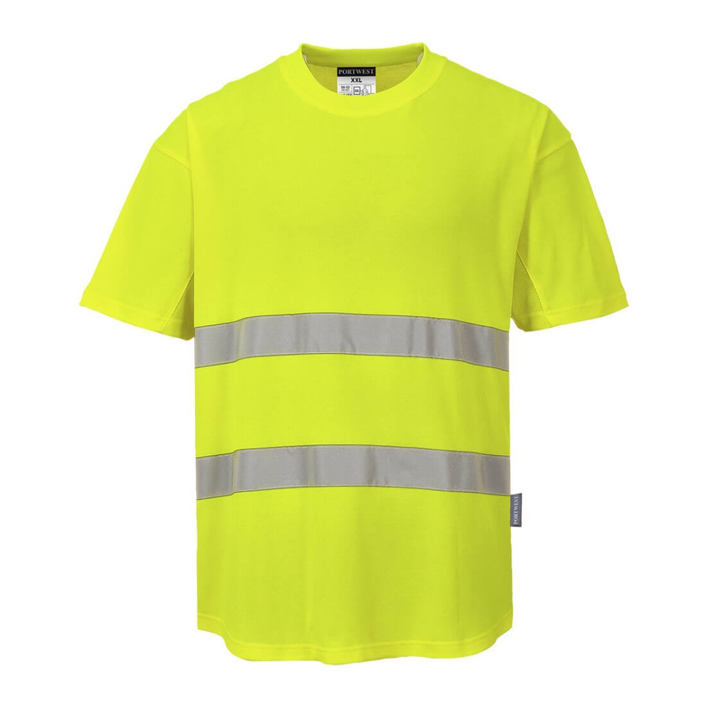 A high-visibility yellow work shirt featuring retroreflective tape panels, suitable for a wide range of outdoor and site work applications.
