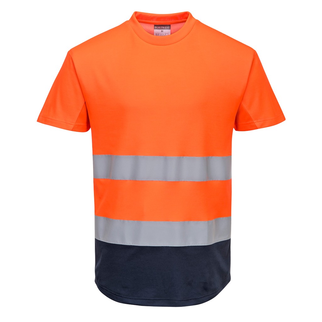 A high-visibility orange work shirt featuring retroreflective tape panels, suitable for a wide range of outdoor and site work applications.