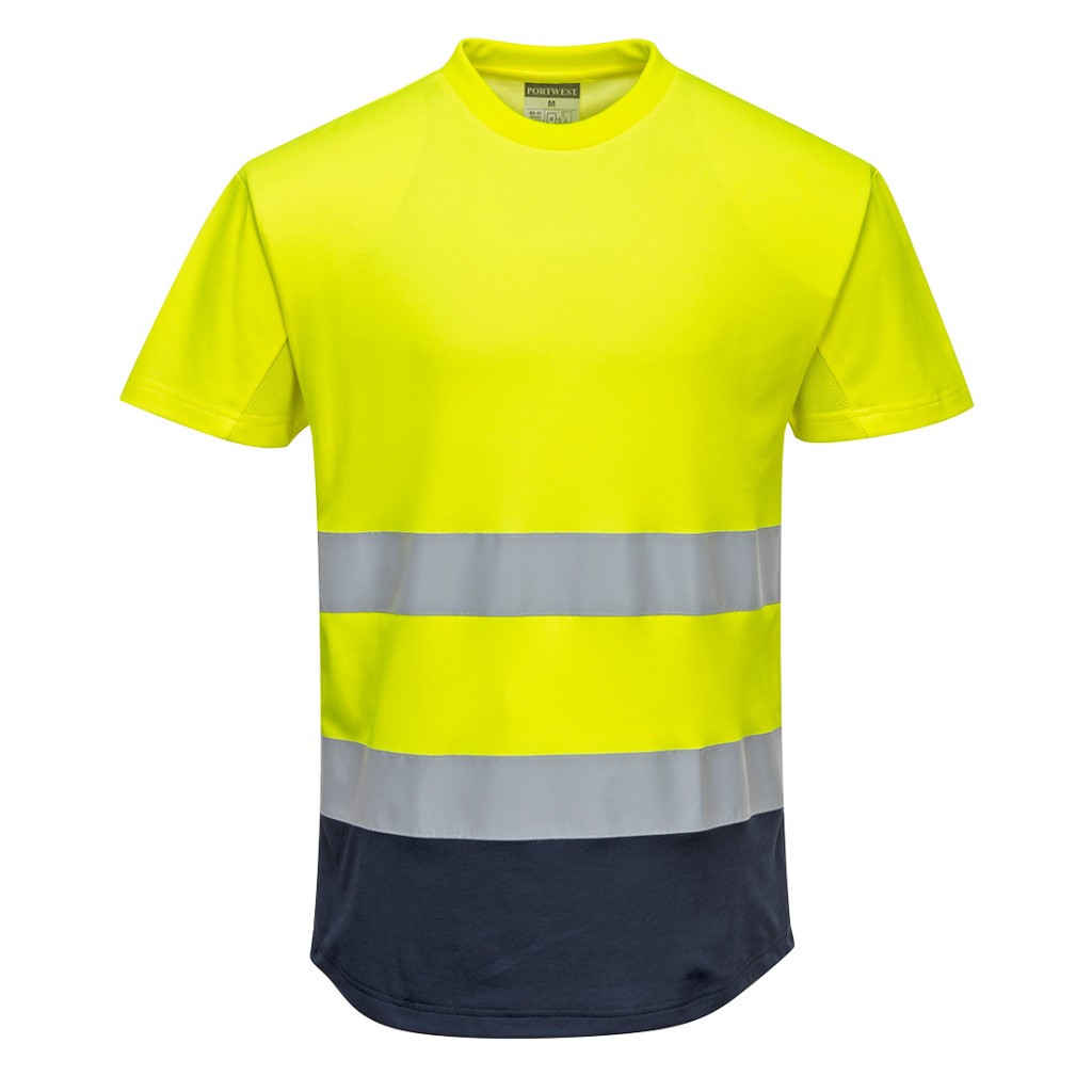 A high-visibility yellow work shirt featuring retroreflective tape panels, suitable for a wide range of outdoor and site work applications.
