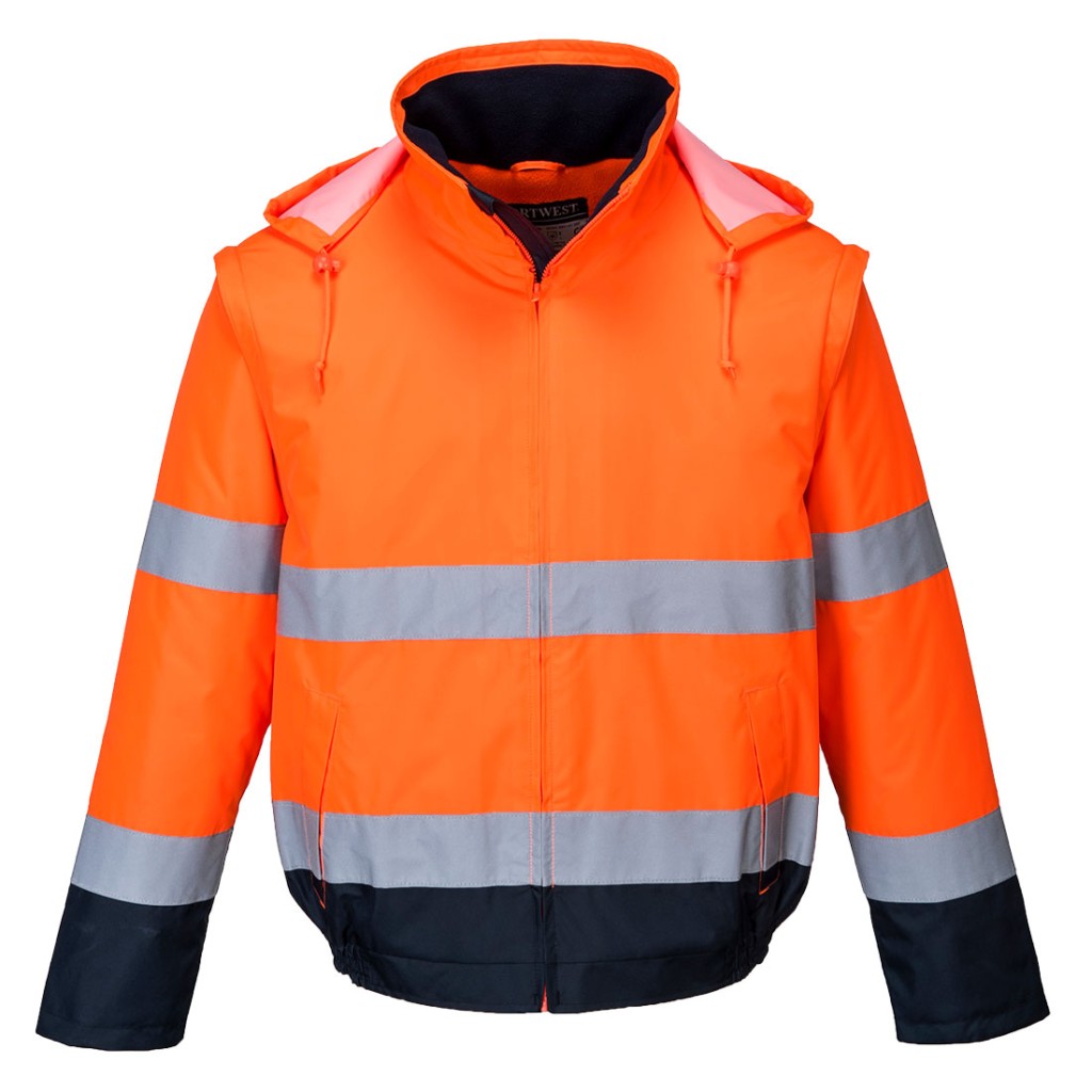 A high-visibility orange jacket featuring retroreflective tape panels, suitable for a wide range of outdoor and site work applications.