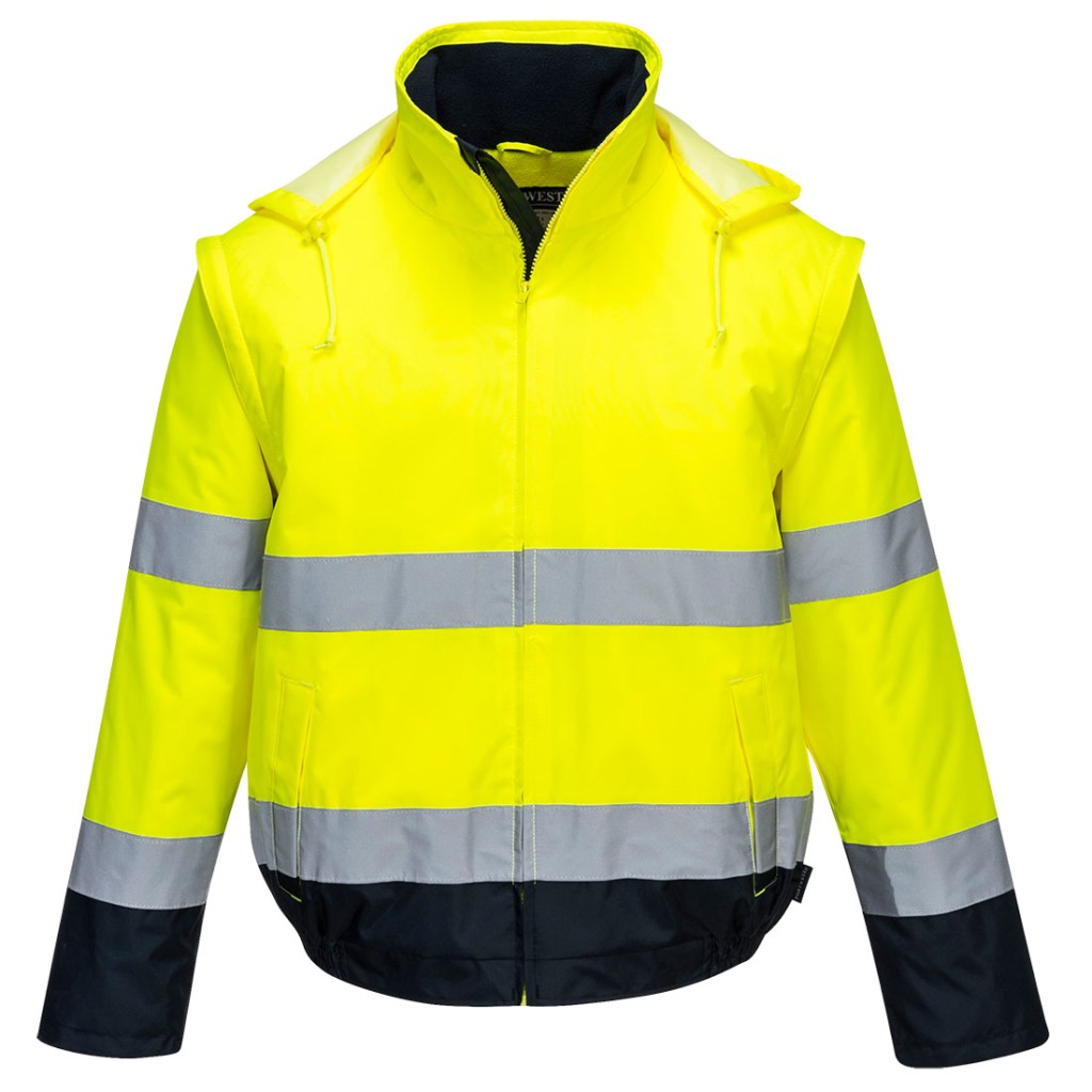 A high-visibility yellow jacket featuring retroreflective tape panels, suitable for a wide range of outdoor and site work applications.
