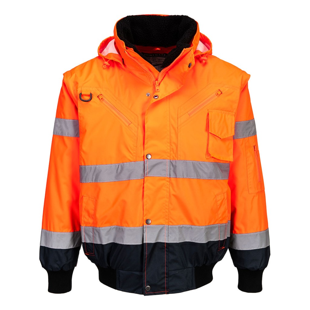 A high-visibility orange jacket featuring retroreflective tape panels, suitable for a wide range of outdoor and site work applications.