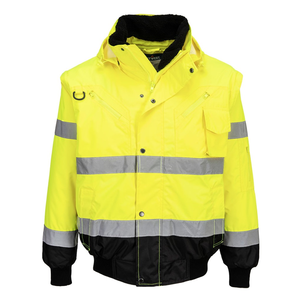 A high-visibility yellow jacket featuring retroreflective tape panels, suitable for a wide range of outdoor and site work applications.