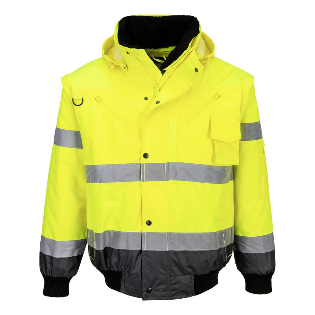 A high-visibility yellow jacket featuring retroreflective tape panels, suitable for a wide range of outdoor and site work applications.