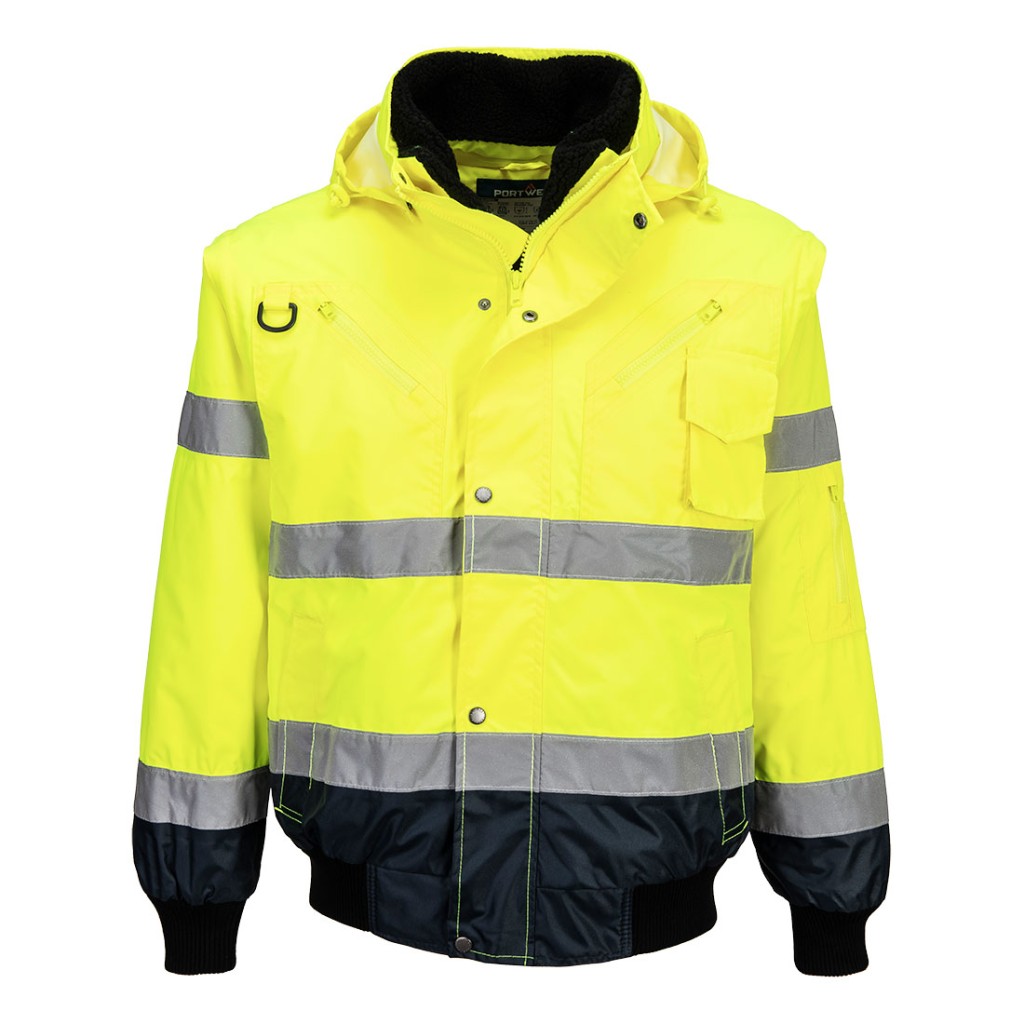 A high-visibility yellow jacket featuring retroreflective tape panels, suitable for a wide range of outdoor and site work applications.