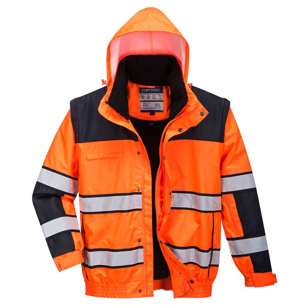 A high-visibility orange jacket featuring retroreflective tape panels, suitable for a wide range of outdoor and site work applications.