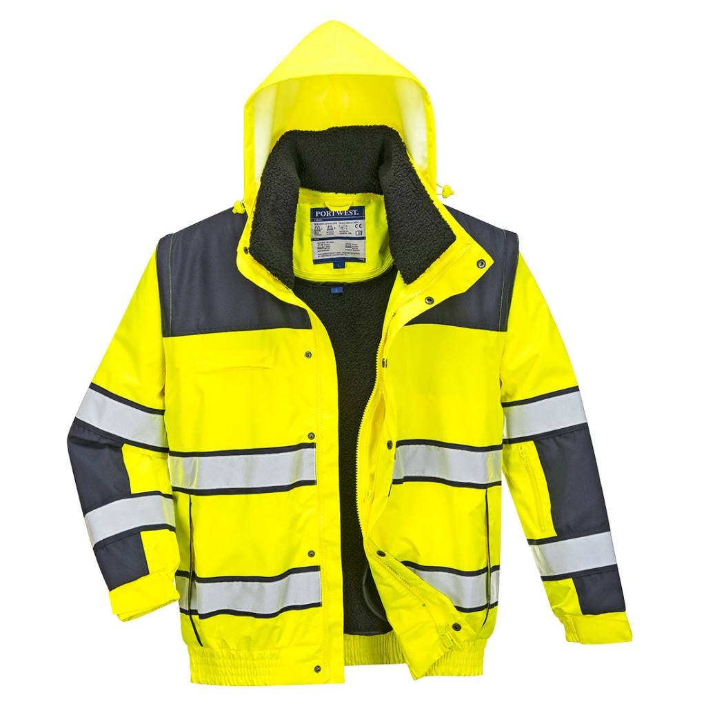 A high-visibility yellow jacket featuring retroreflective tape panels, suitable for a wide range of outdoor and site work applications.