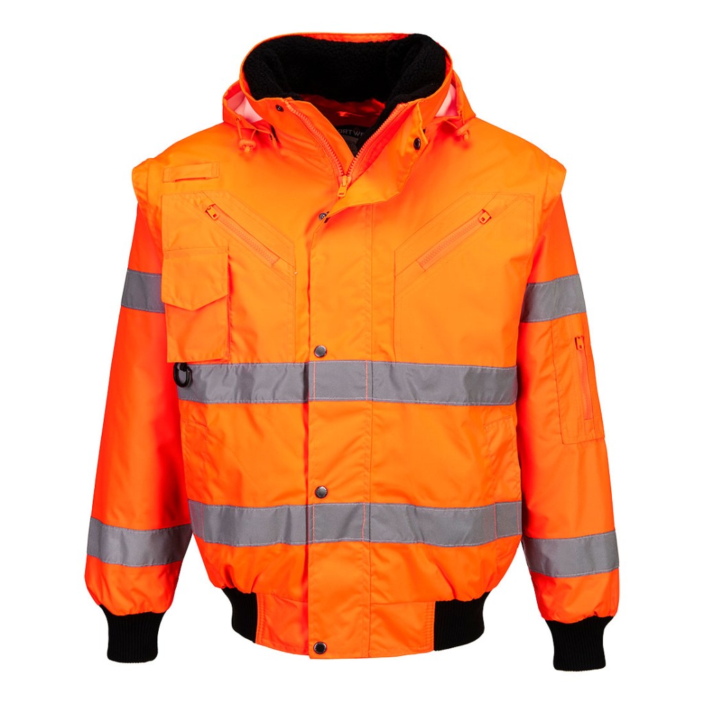 A high-visibility orange jacket featuring retroreflective tape panels, suitable for a wide range of outdoor and site work applications.