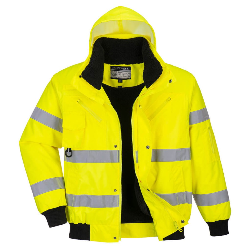 A high-visibility yellow jacket featuring retroreflective tape panels, suitable for a wide range of outdoor and site work applications.