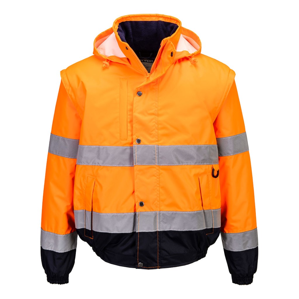 A high-visibility orange jacket featuring retroreflective tape panels, suitable for a wide range of outdoor and site work applications.