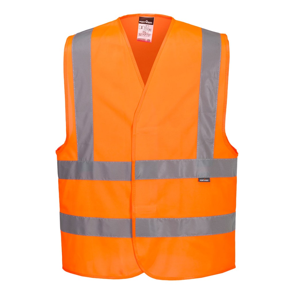 A high-visibility orange vest featuring retroreflective tape panels, suitable for a wide range of outdoor and site work applications.