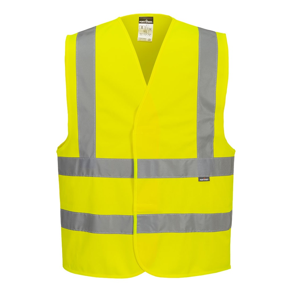 A high-visibility yellow vest featuring retroreflective tape panels, suitable for a wide range of outdoor and site work applications.