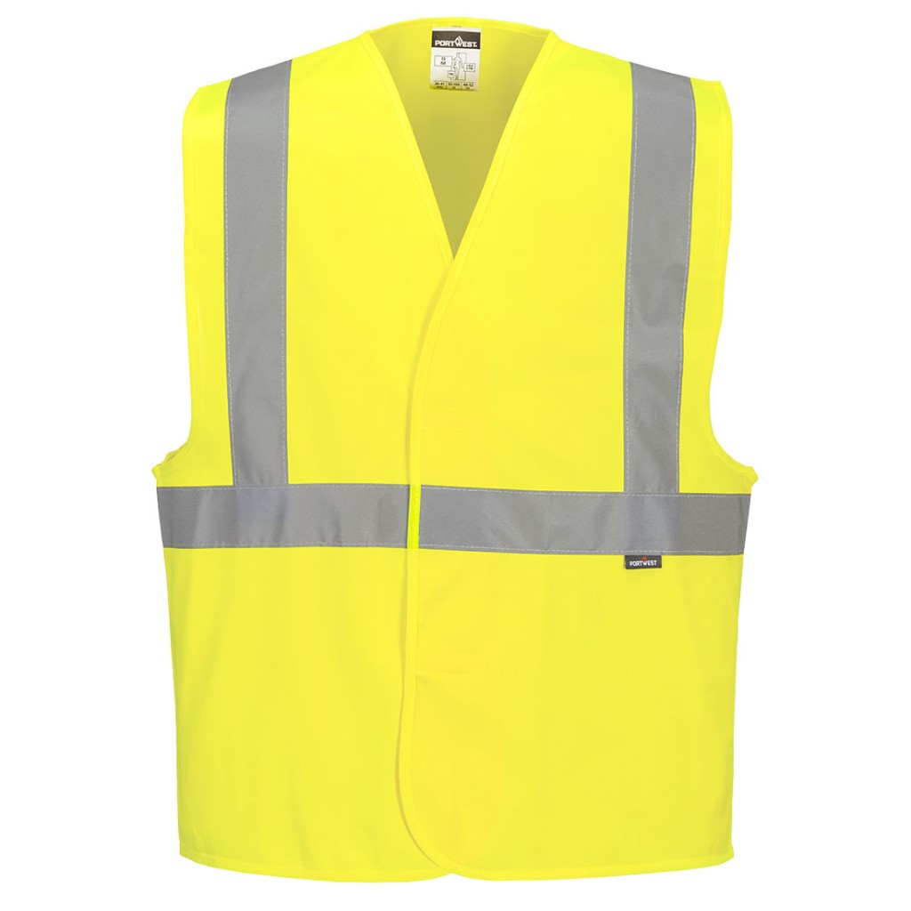 A high-visibility yellow vest featuring retroreflective tape panels, suitable for a wide range of outdoor and site work applications.