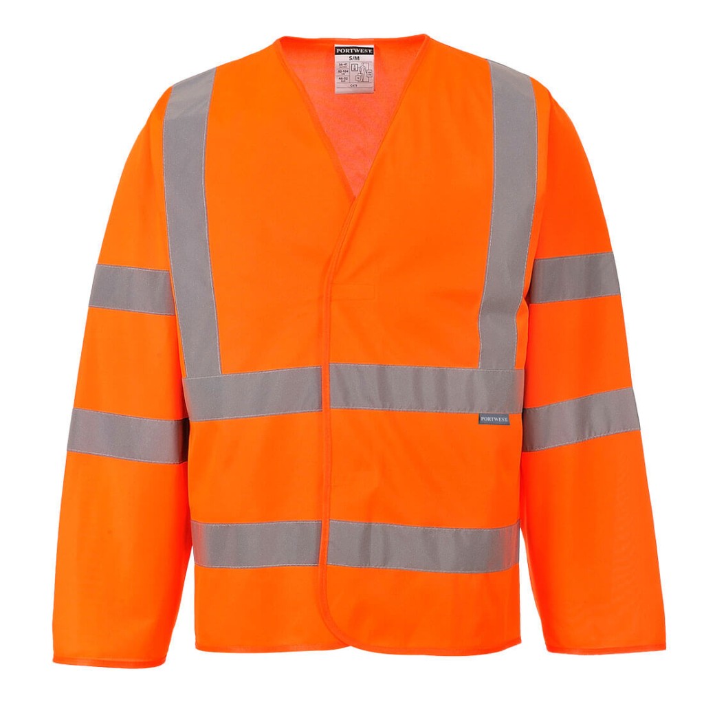 A high-visibility orange jacket featuring retroreflective tape panels, suitable for a wide range of outdoor and site work applications.