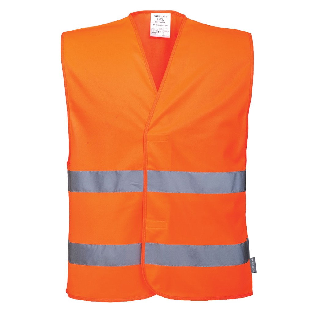 A high-visibility orange vest featuring retroreflective tape panels, suitable for a wide range of outdoor and site work applications.
