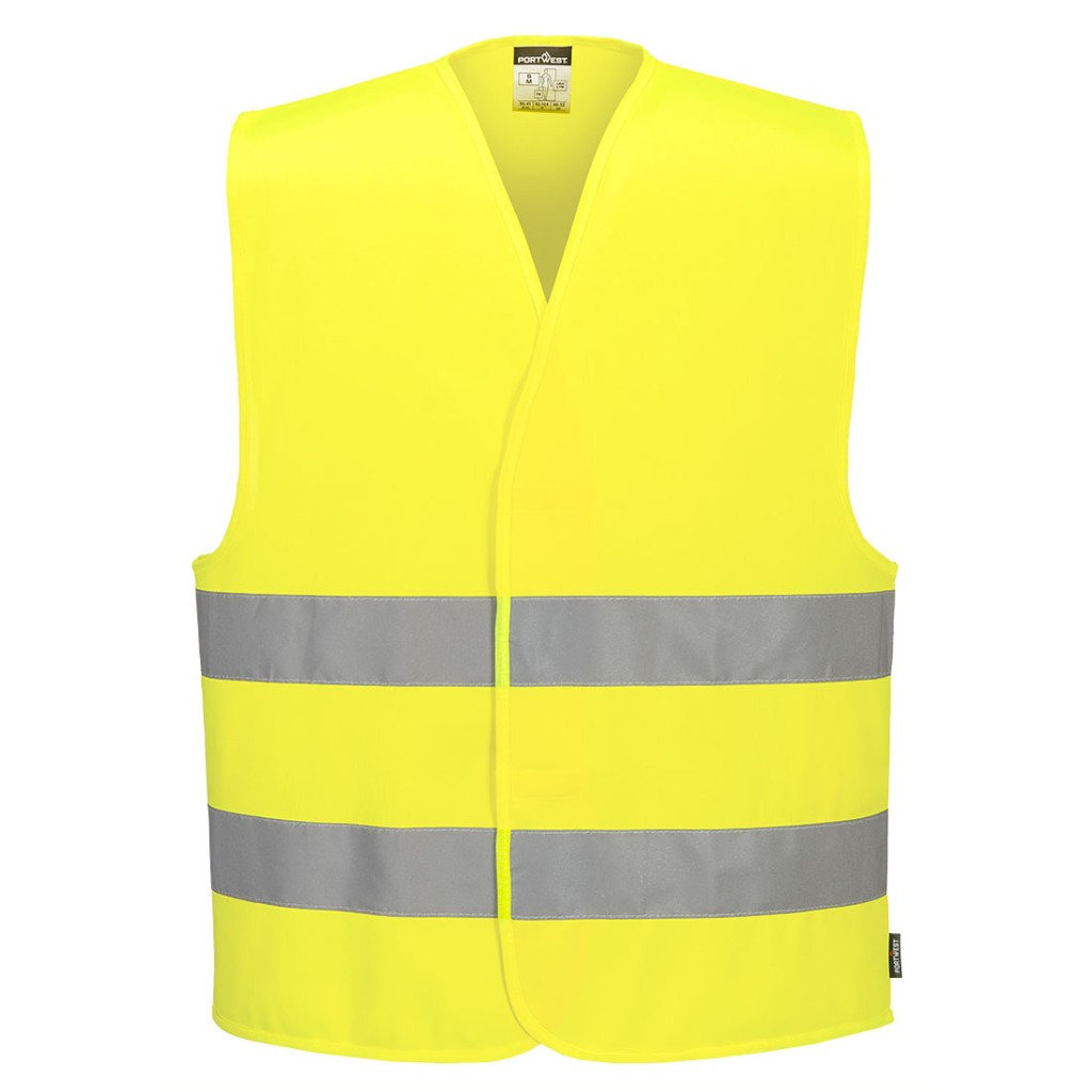 A high-visibility yellow vest featuring retroreflective tape panels, suitable for a wide range of outdoor and site work applications.