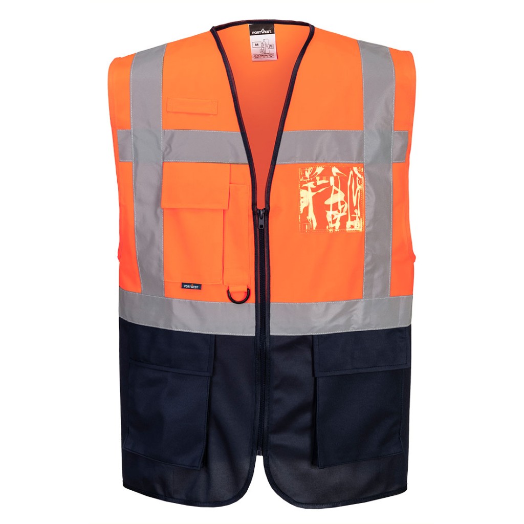 A high-visibility orange vest featuring retroreflective tape panels, suitable for a wide range of outdoor and site work applications.