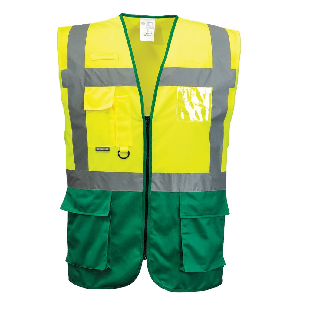 A high-visibility yellow vest featuring retroreflective tape panels, suitable for a wide range of outdoor and site work applications.