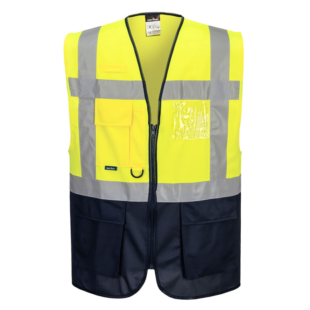A high-visibility yellow vest featuring retroreflective tape panels, suitable for a wide range of outdoor and site work applications.