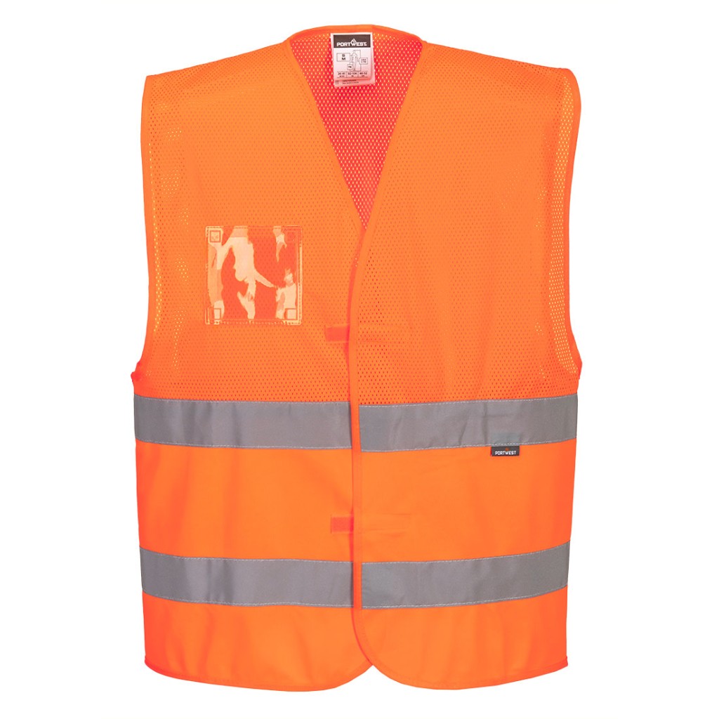 A high-visibility orange vest featuring retroreflective tape panels, suitable for a wide range of outdoor and site work applications.