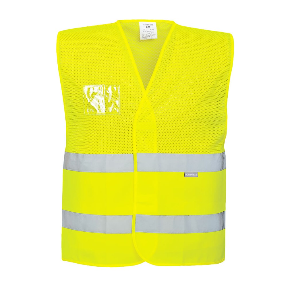 A high-visibility yellow vest featuring retroreflective tape panels, suitable for a wide range of outdoor and site work applications.