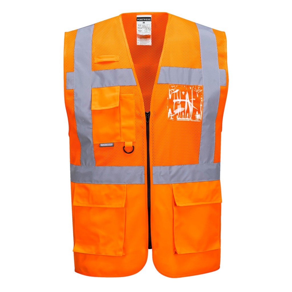 A high-visibility orange vest featuring retroreflective tape panels, suitable for a wide range of outdoor and site work applications.
