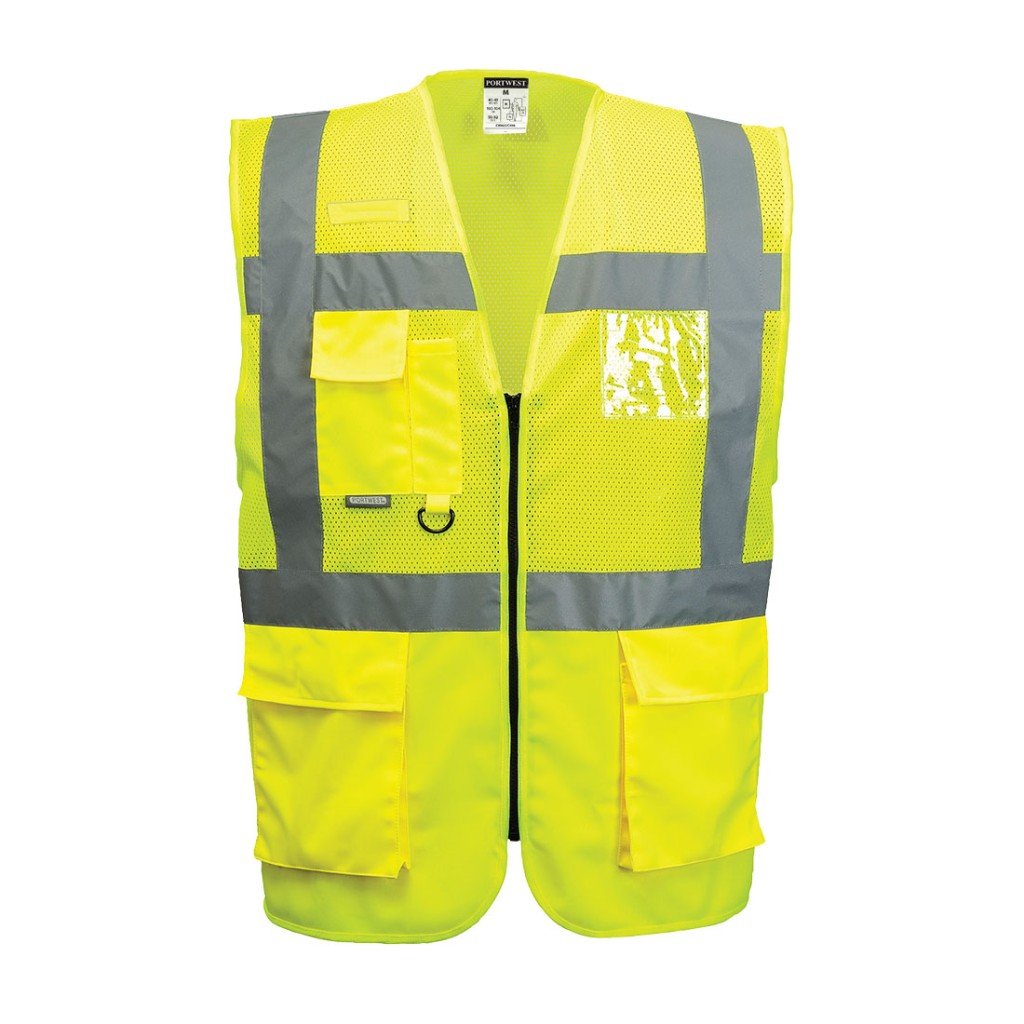 A high-visibility yellow vest featuring retroreflective tape panels, suitable for a wide range of outdoor and site work applications.