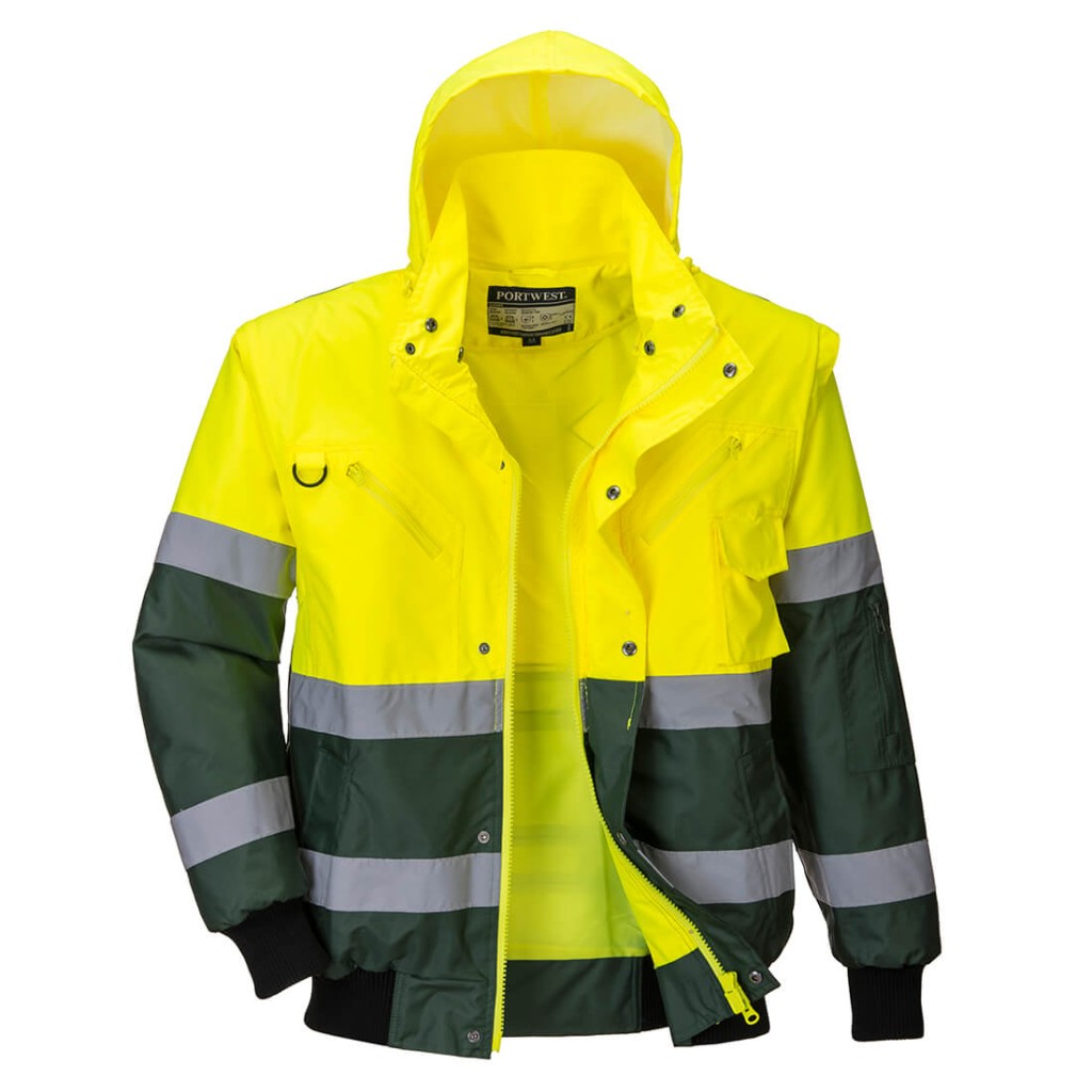 A high-visibility yellow jacket featuring retroreflective tape panels, suitable for a wide range of outdoor and site work applications.