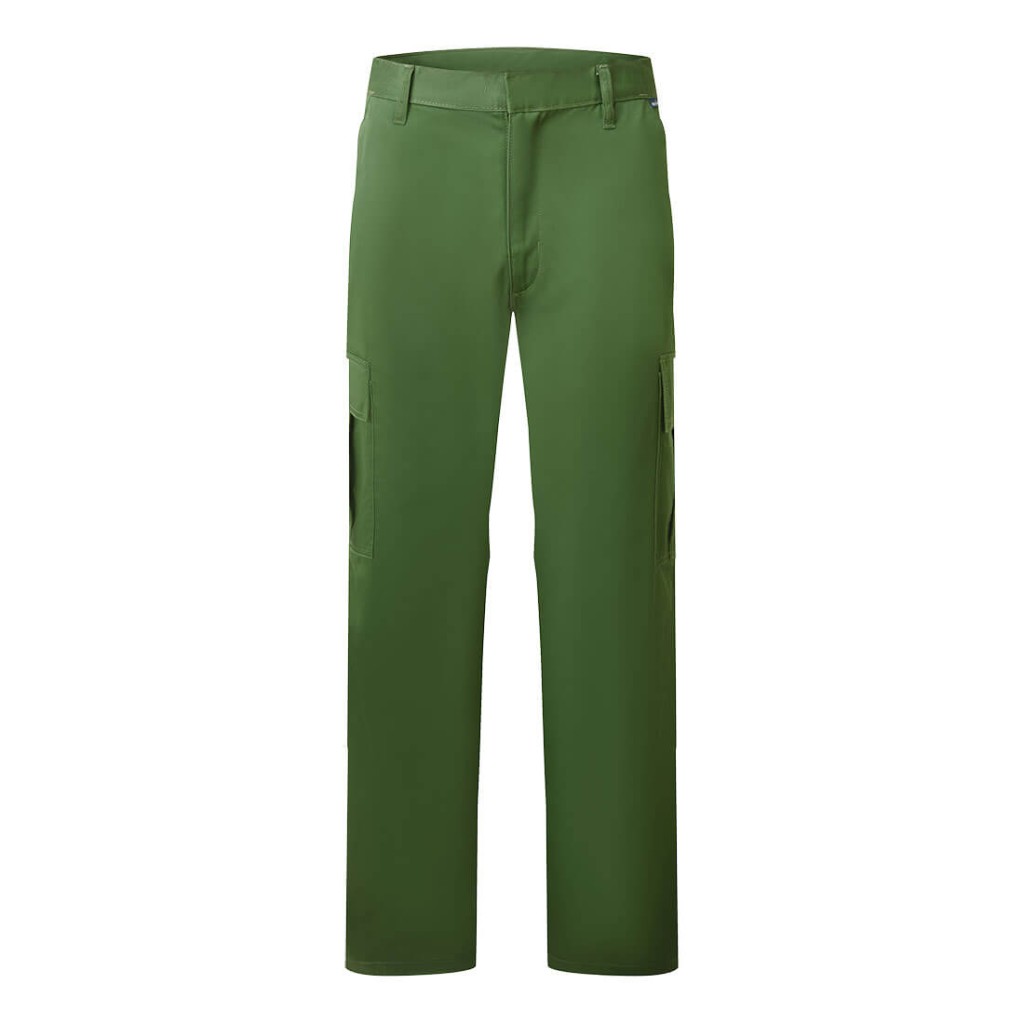 A pair of green work trousers designed for use on construction sites and in industrial work environments.,