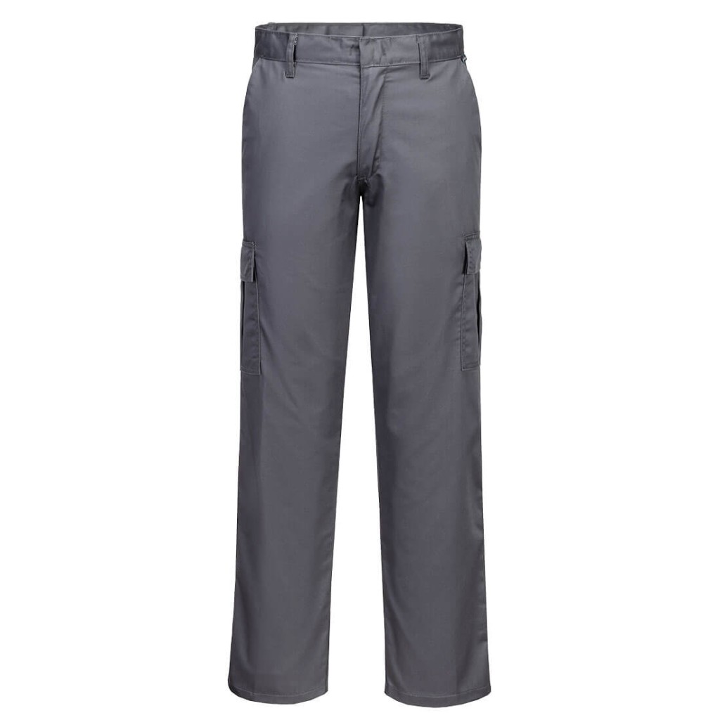 A pair of grey work trousers designed for use on construction sites and in industrial work environments.,