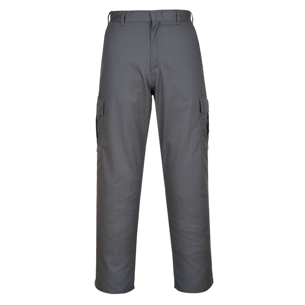 A pair of grey work trousers designed for use on construction sites and in industrial work environments.,