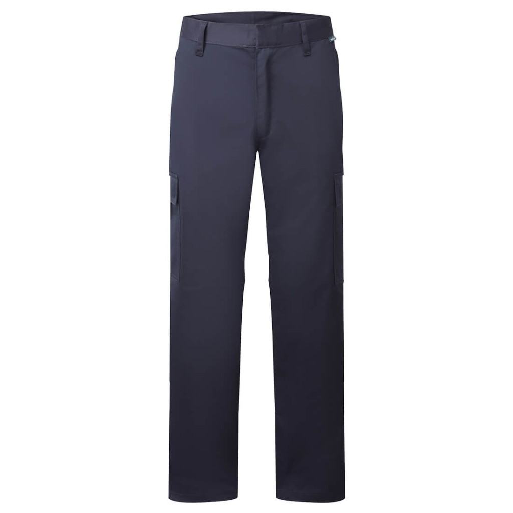A pair of navy blue work trousers designed for use on construction sites and in industrial work environments.,