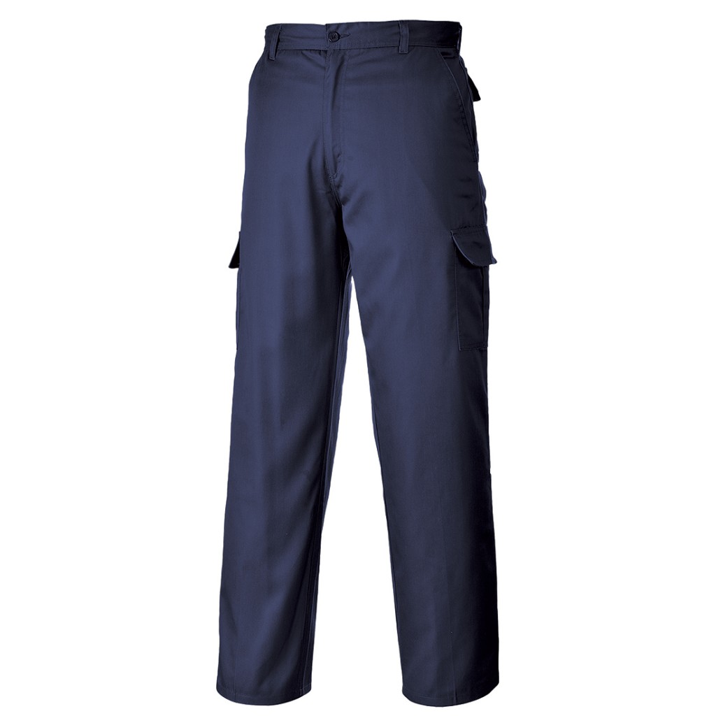 A pair of navy blue work trousers designed for use on construction sites and in industrial work environments.,