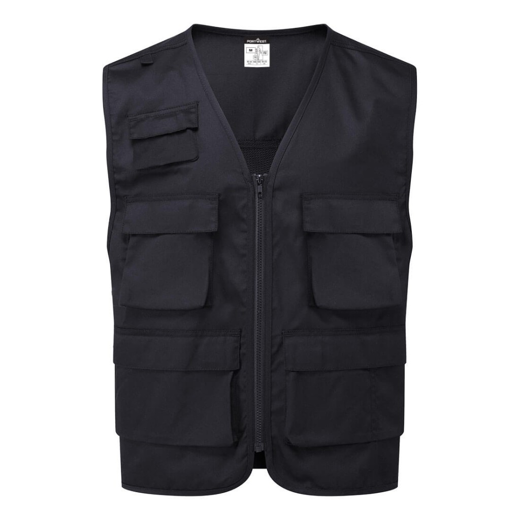 A black safety vest designed for use on construction sites and in industrial work environments.,