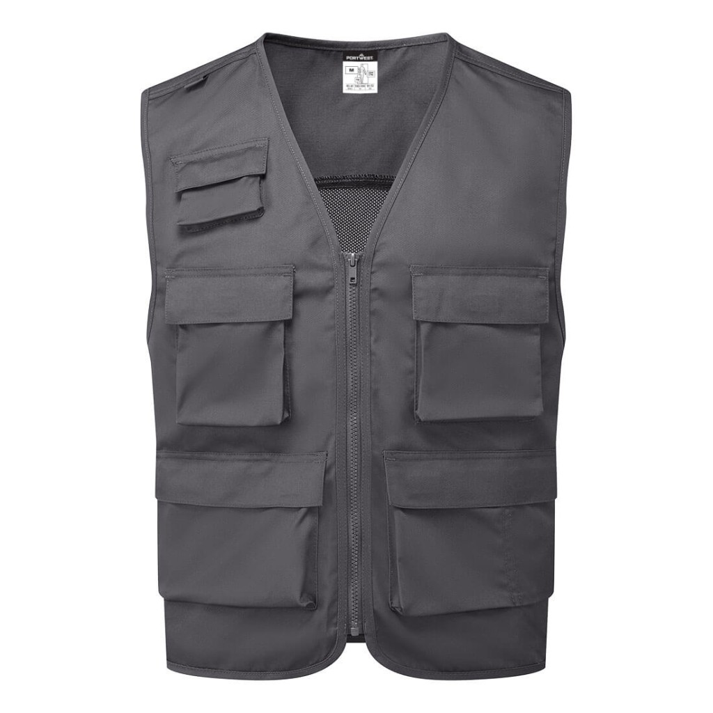A grey safety vest designed for use on construction sites and in industrial work environments.,
