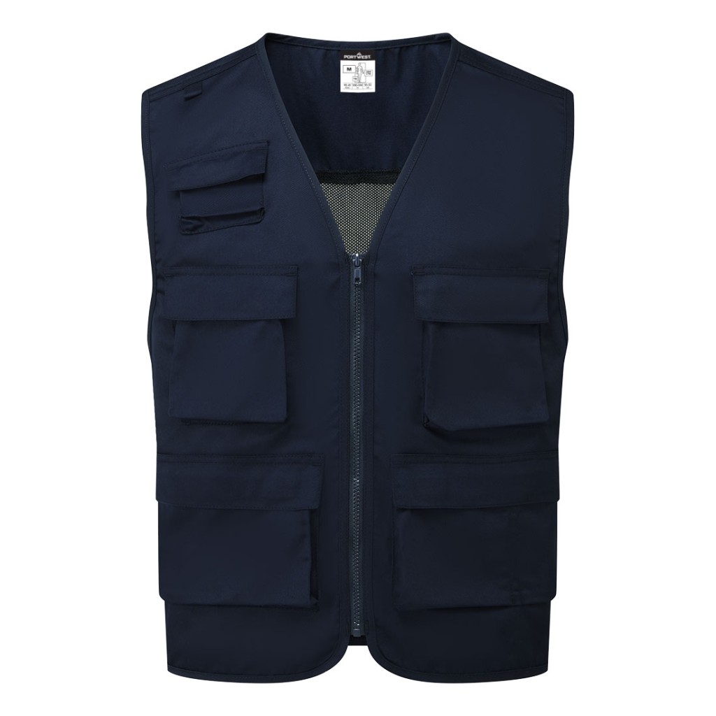A navy blue safety vest designed for use on construction sites and in industrial work environments.,