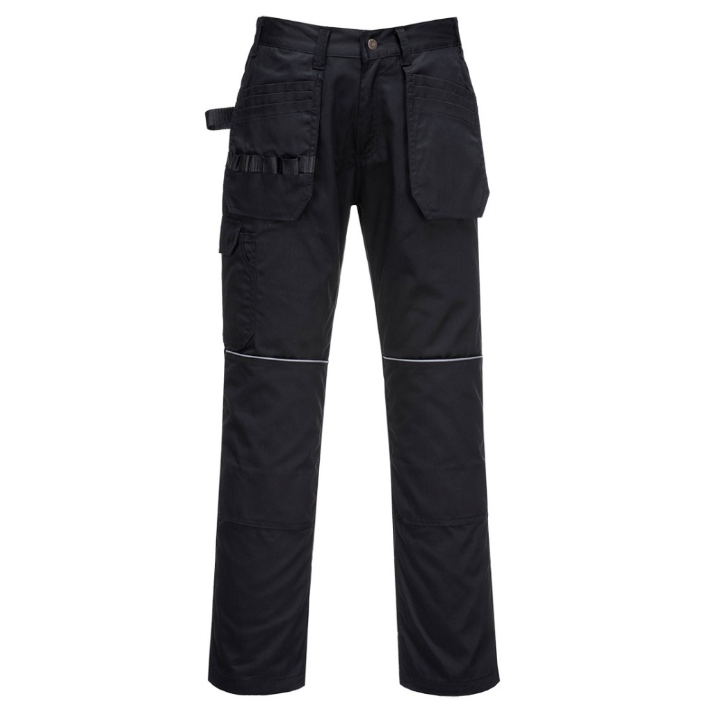 A pair of black work trousers designed for use on construction sites and in industrial work environments.,