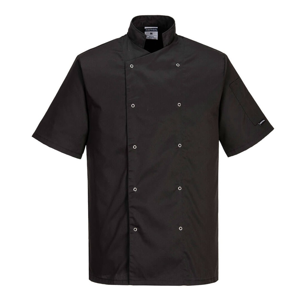 A black jacket designed for use on construction sites and in industrial work environments.,