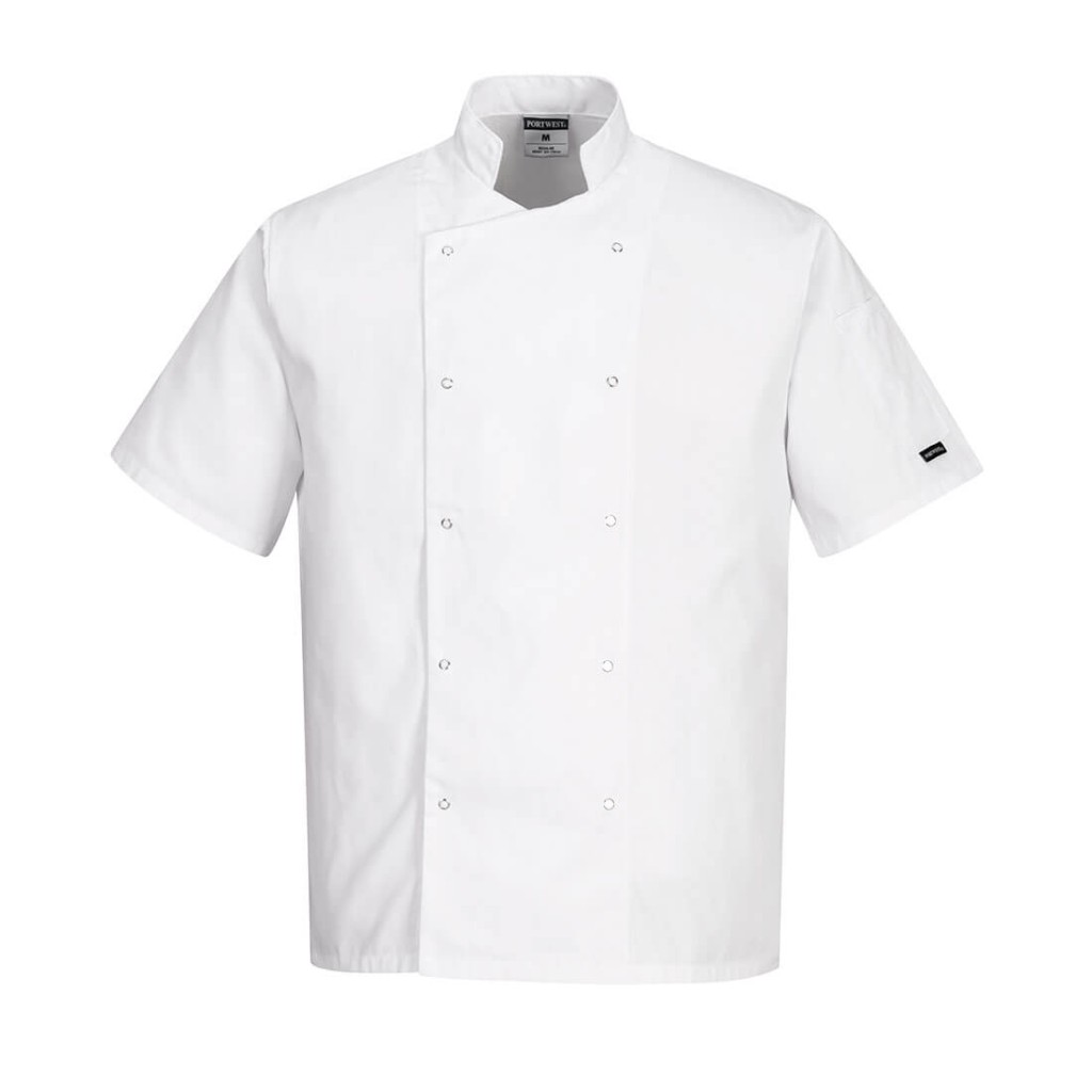 A white jacket designed for use on construction sites and in industrial work environments.,