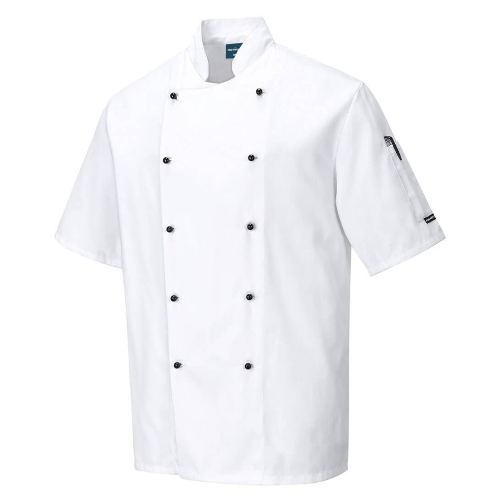 A white jacket designed for use on construction sites and in industrial work environments.,