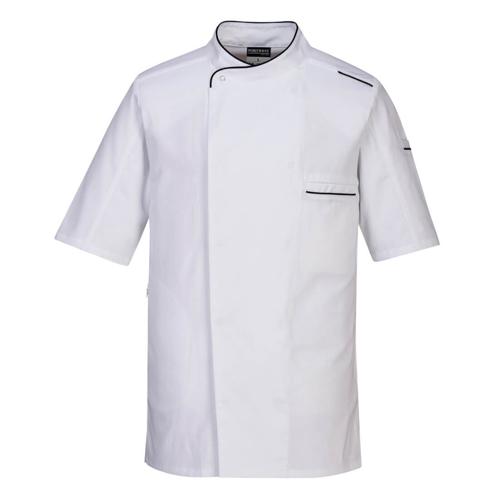 A white jacket designed for use on construction sites and in industrial work environments.,