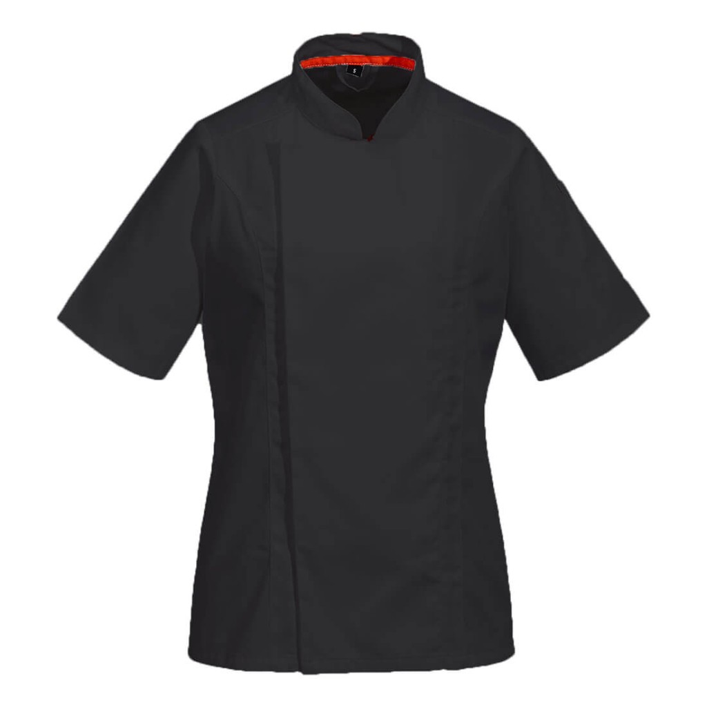 A women's black jacket designed for use on construction sites and in industrial work environments.,
