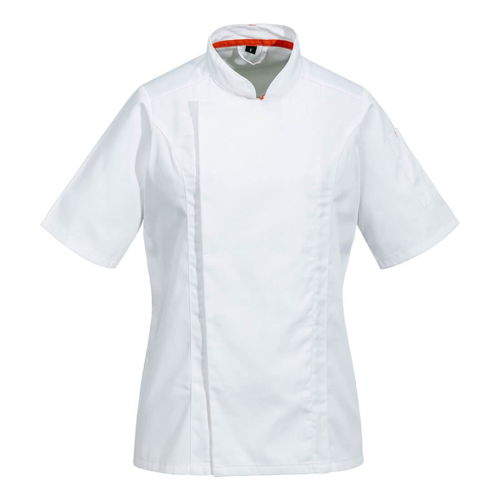 A women's white jacket designed for use on construction sites and in industrial work environments.,
